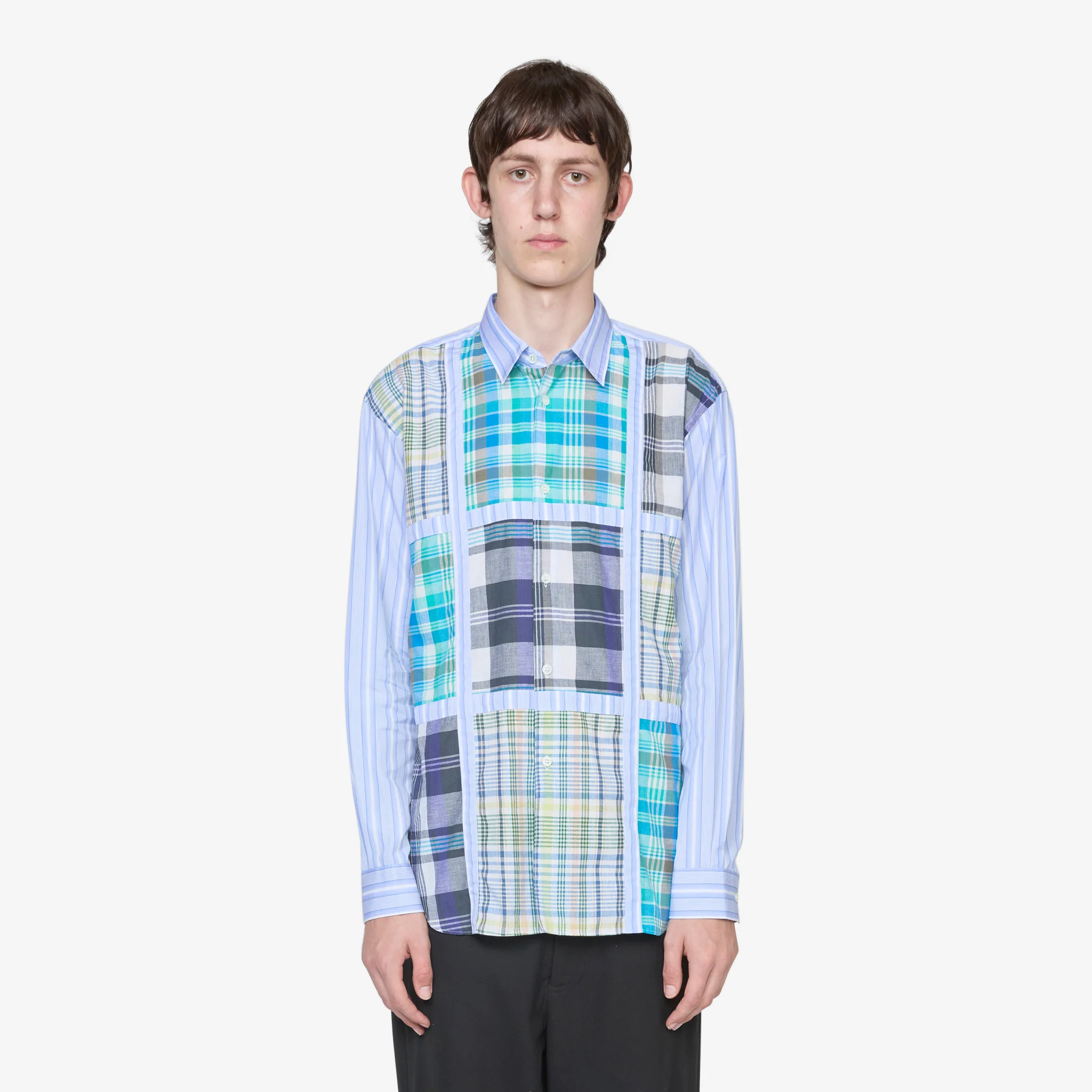 Checked Panel Striped Shirt Blue
