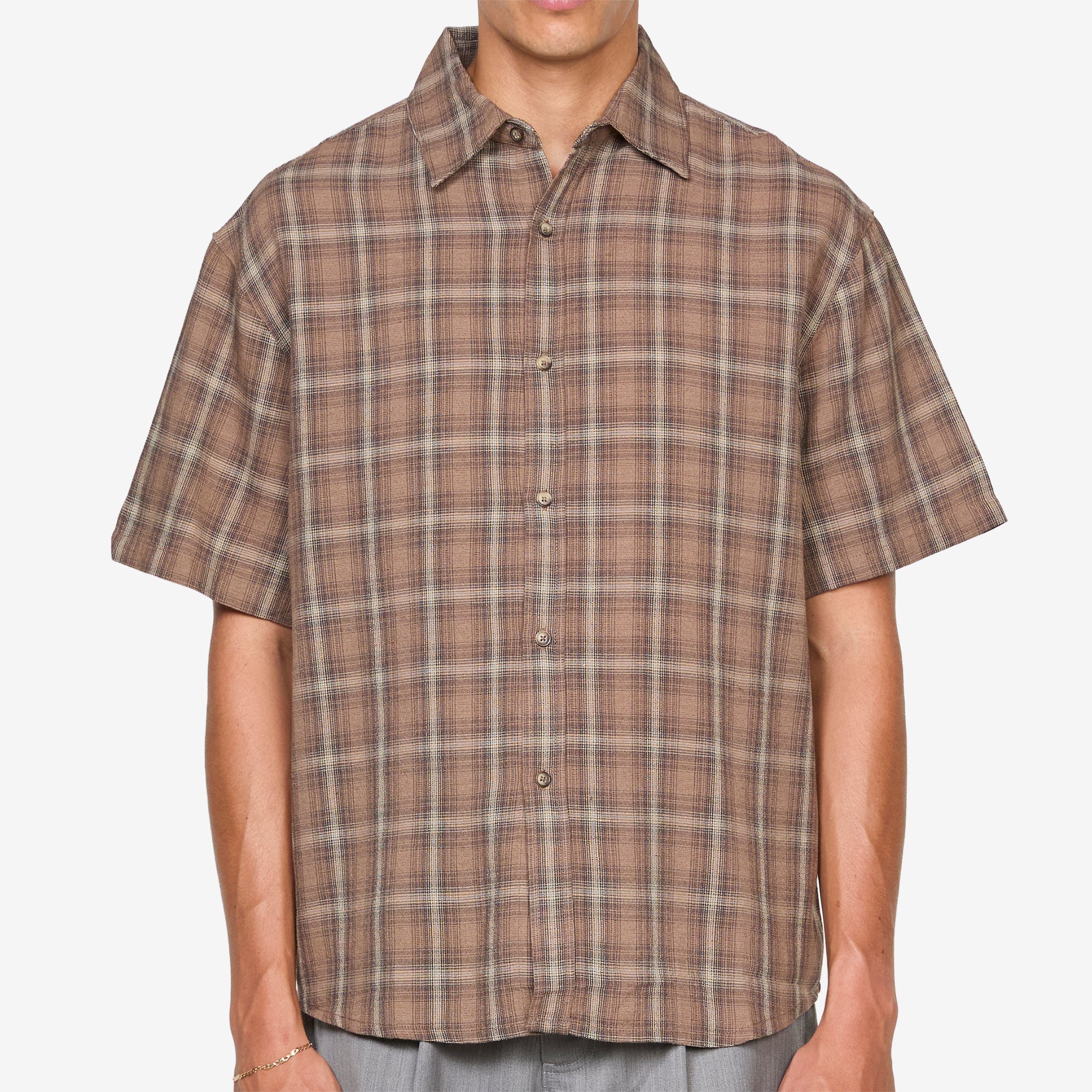 Drop Short Sleeve Shirt Brown Check - Image 6
