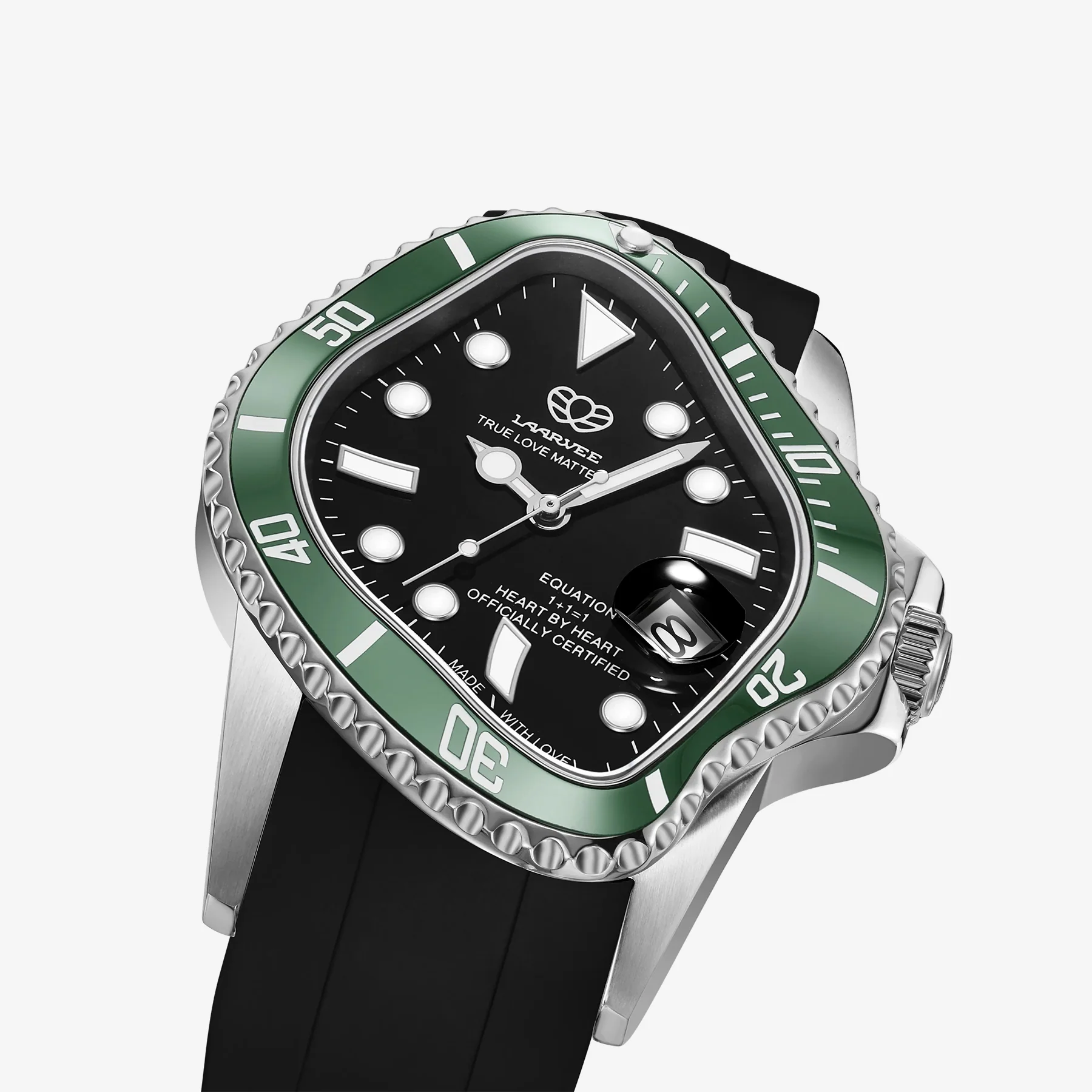 PEA001RS Silver Precision Steel | Green Bezel | Black Dial | Black FKM Rubber Belt 40mm - Image 3