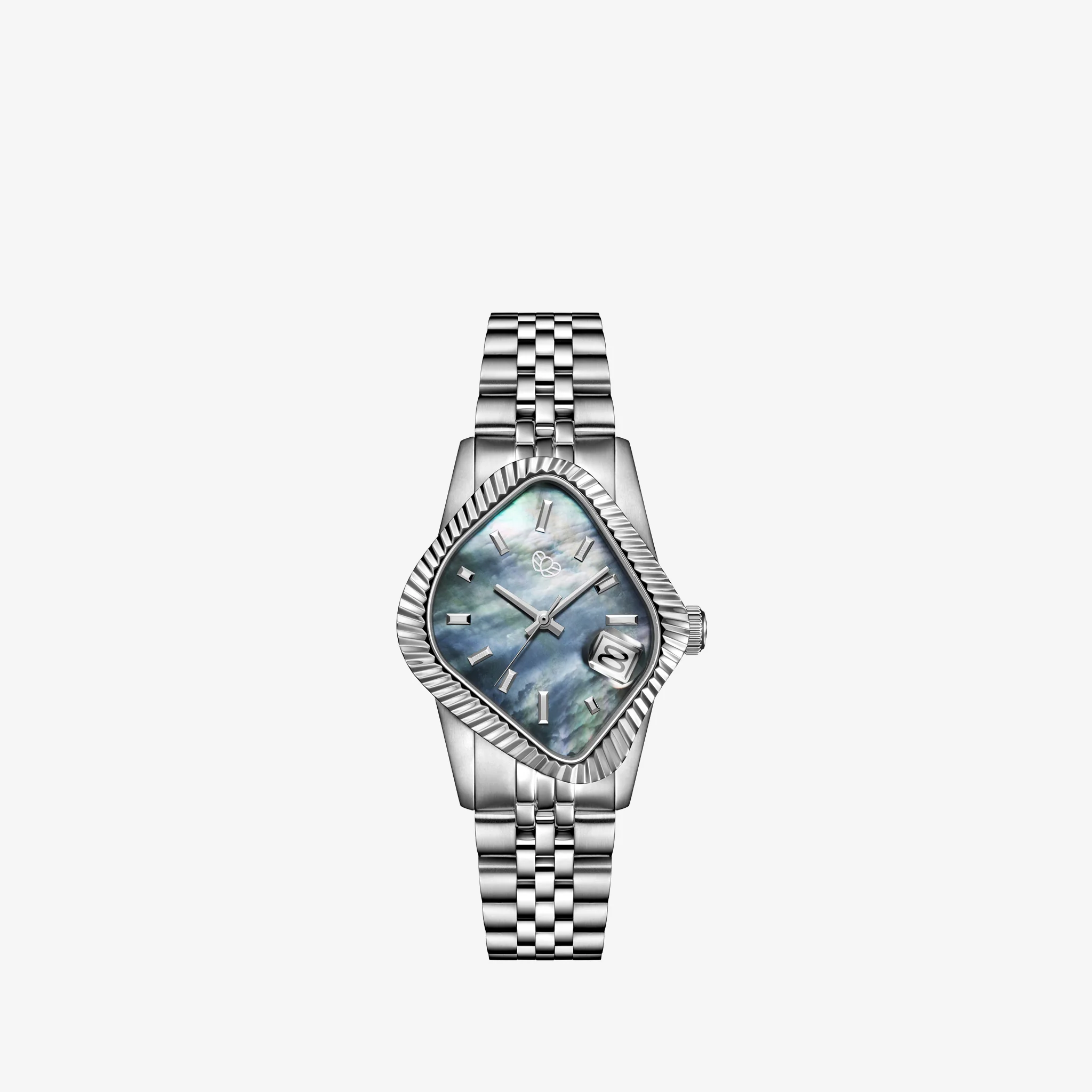 PEA003 Silver Precision Steel | Fluted Bezel | Black Mother-Of-Pearl Dial 38mm