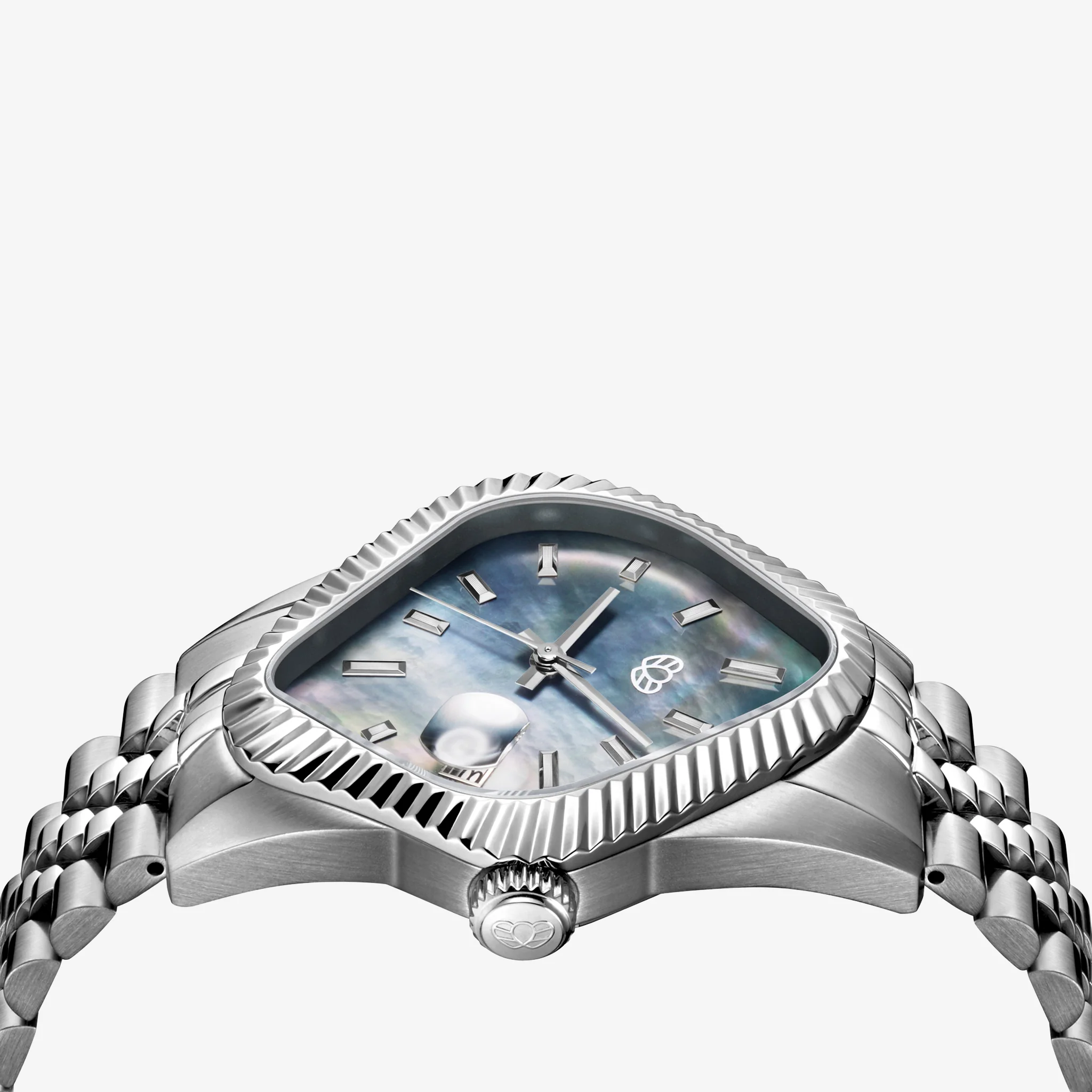 PEA003 Silver Precision Steel | Fluted Bezel | Black Mother-Of-Pearl Dial 38mm - Image 4