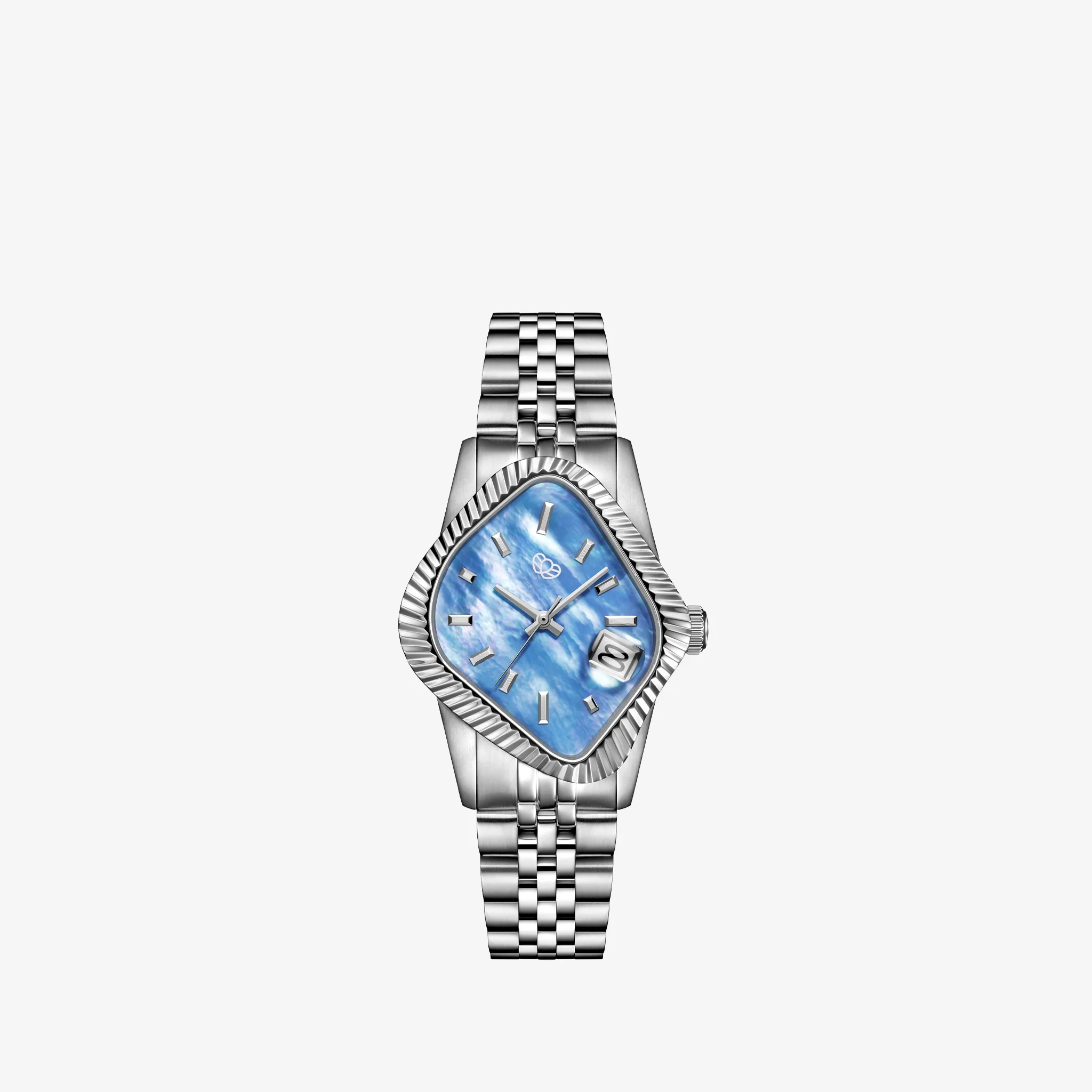 PEA003 Silver Precision Steel | Fluted Bezel | Blue Mother-Of-Pearl Dial 38mm