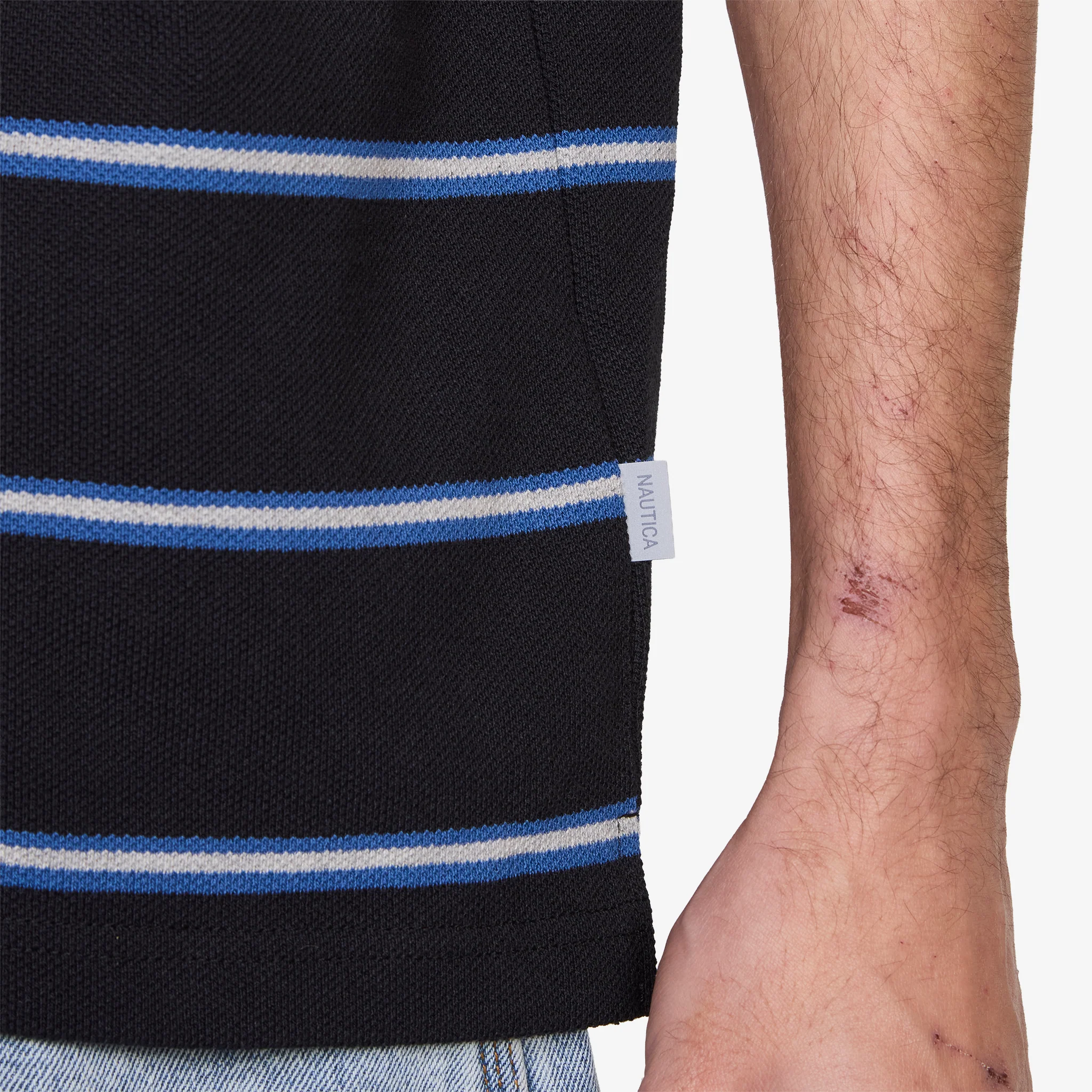 Striped Pique Polo Shirt Black - Image 3