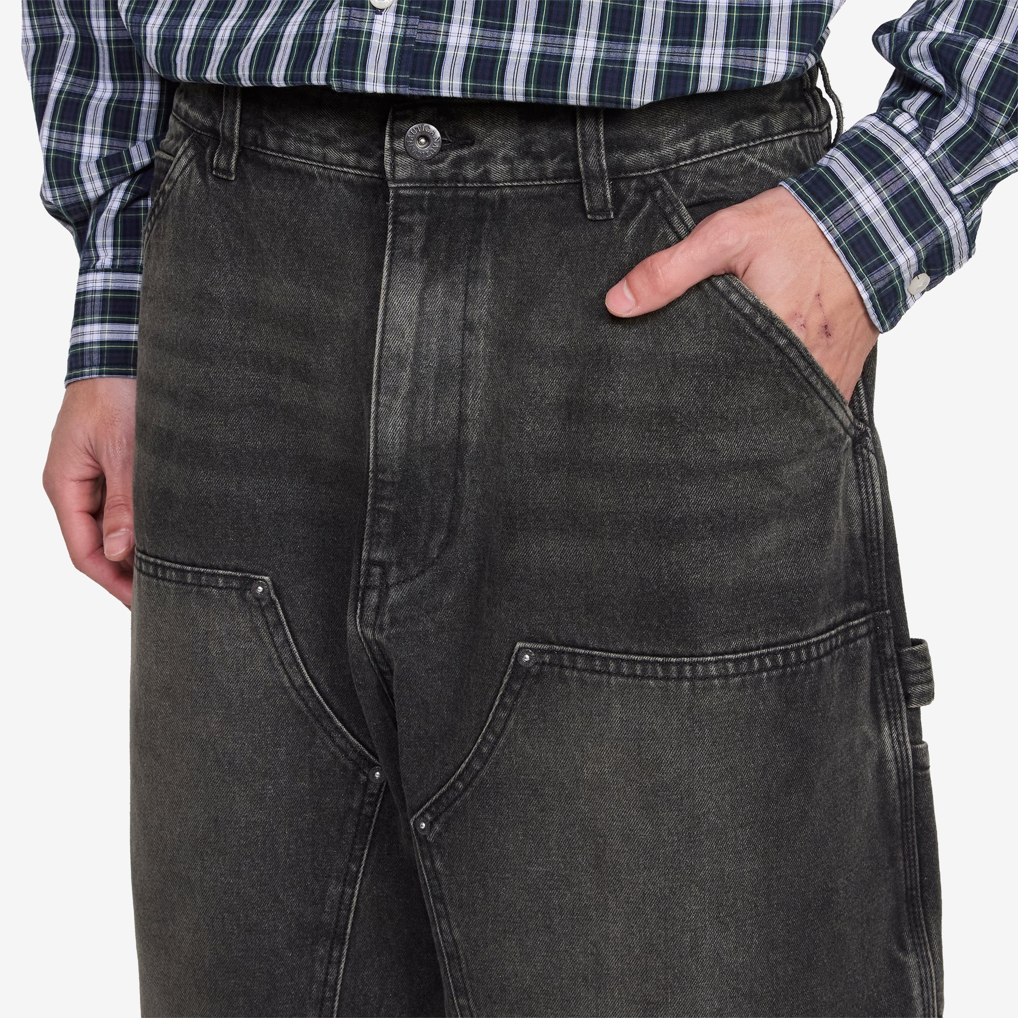 Super Wide Curve Double Knee Cropped Denim Pants Black - Image 2