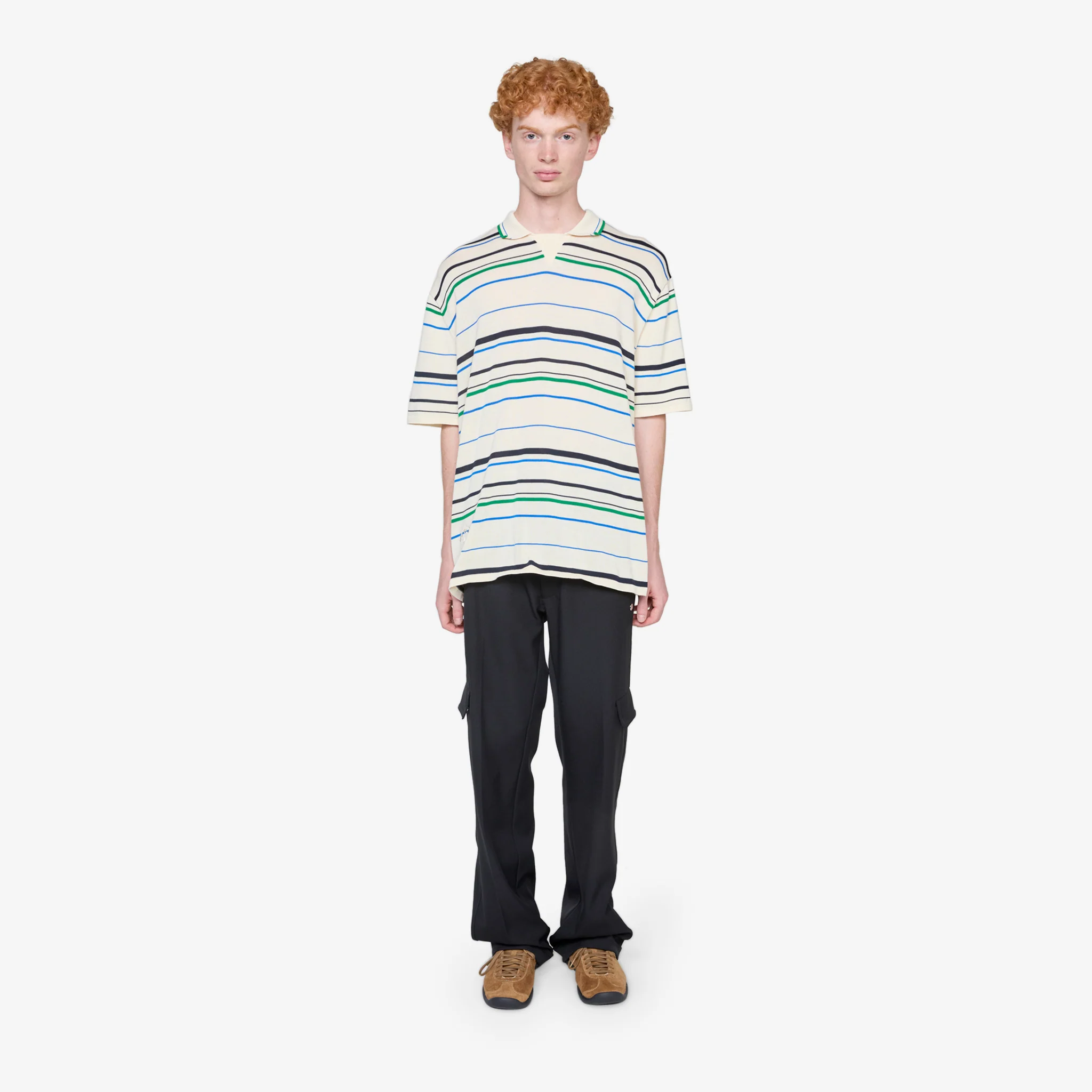 Wales Bonner x Knit Polo Shirt Wonder White | Green | Bluebird - Image 4